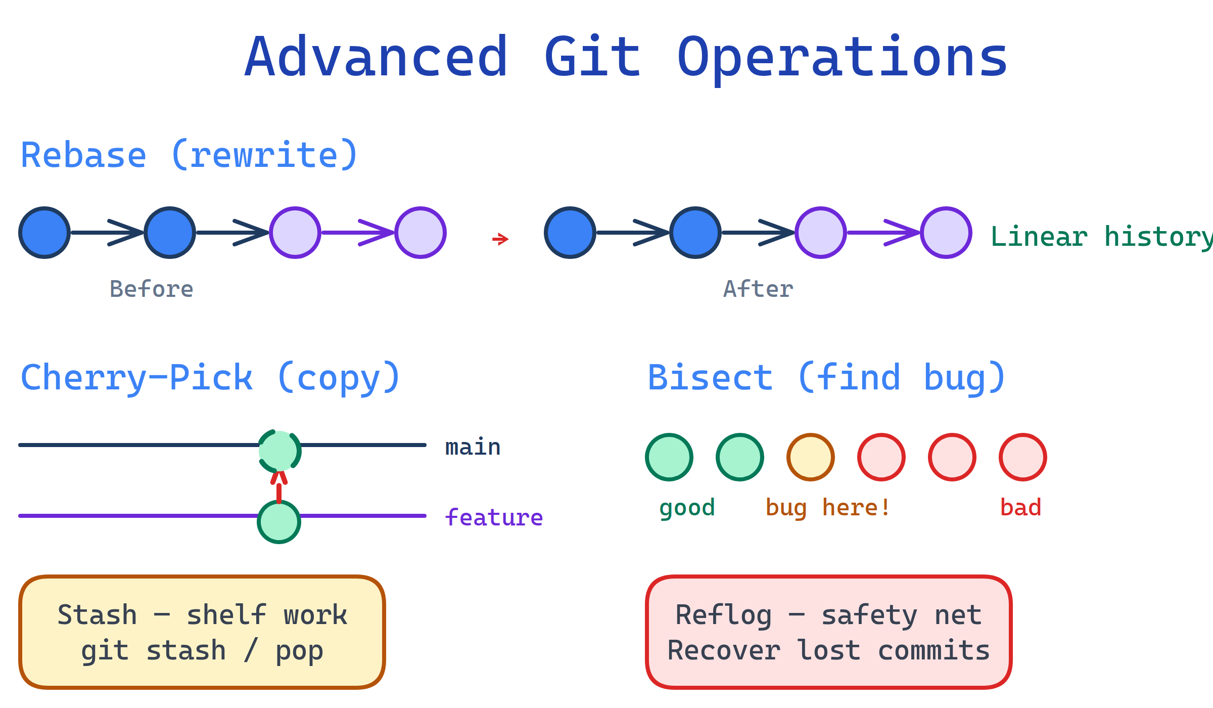 Advanced Git operations diagram showing rebase, cherry-pick, bisect, reflog, and stash workflows