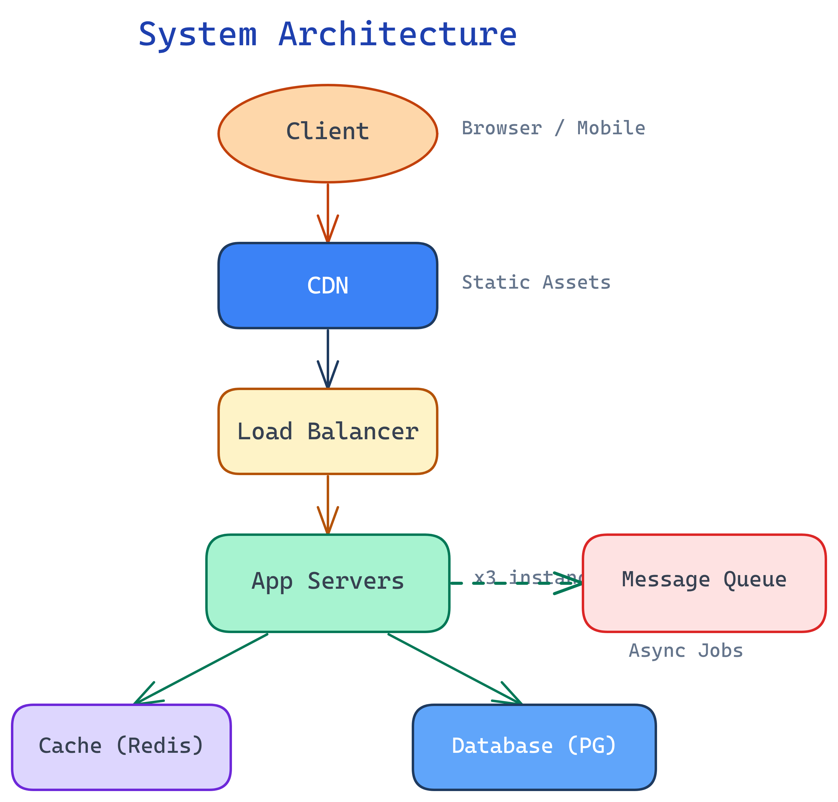 System Design: client &rarr; load balancer &rarr; app servers &rarr; cache &rarr; database, with CDN and message queue