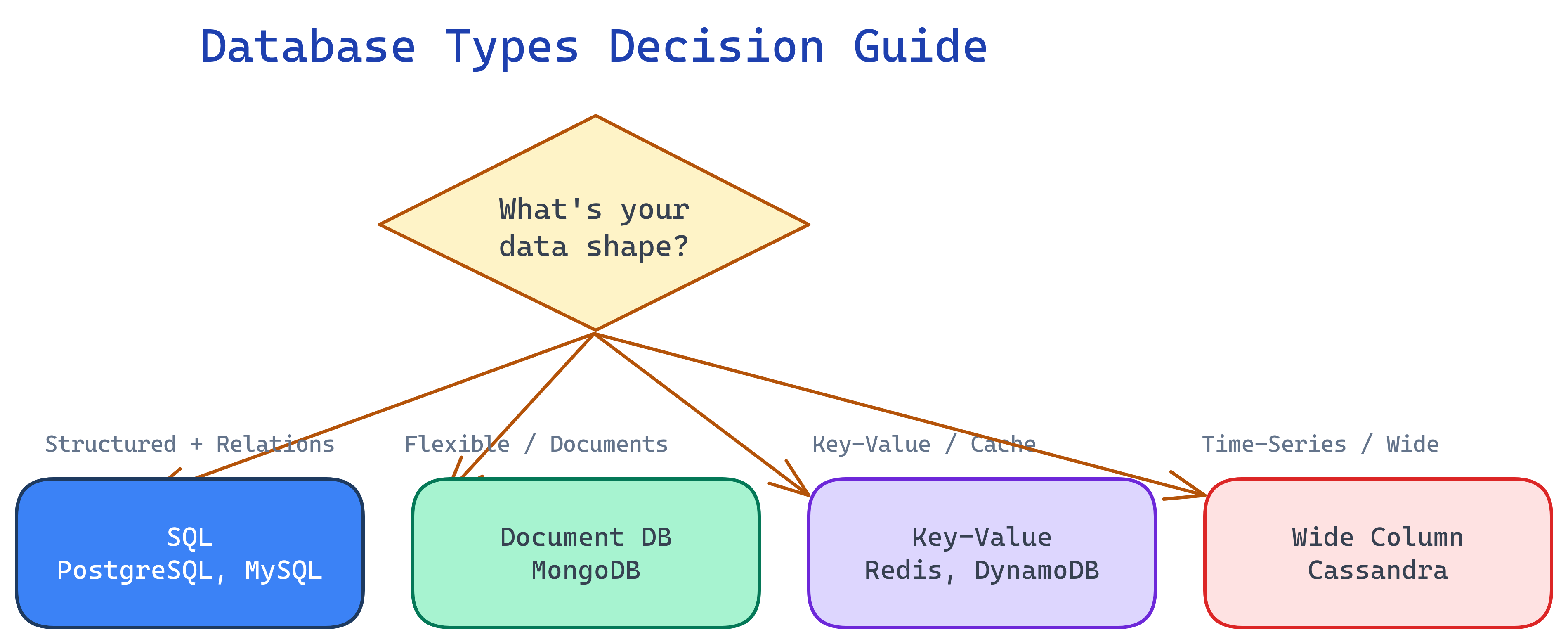 Database types overview: SQL databases, NoSQL types, caching layers, and storage options