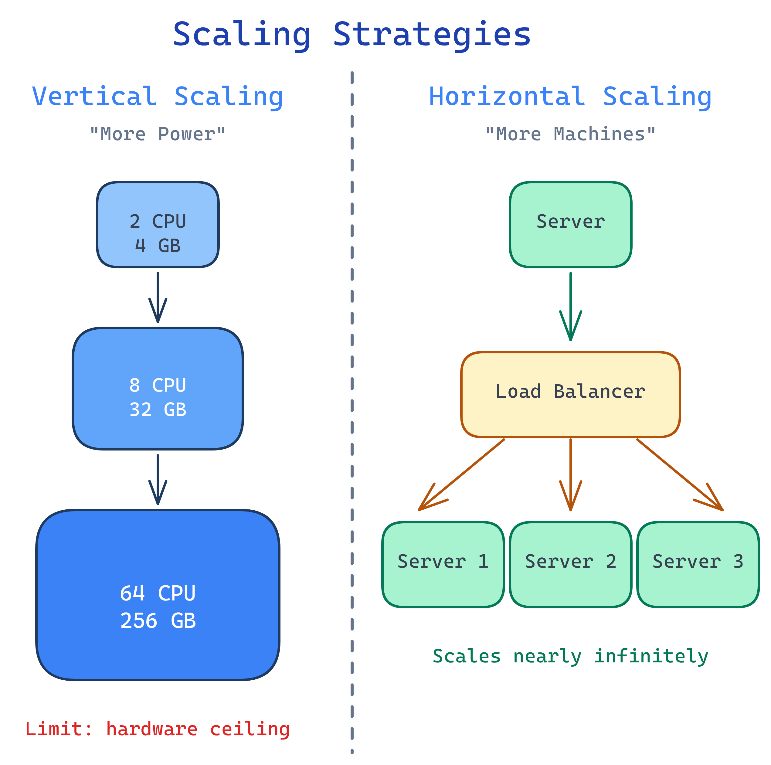 Vertical vs horizontal scaling, with replication and sharding