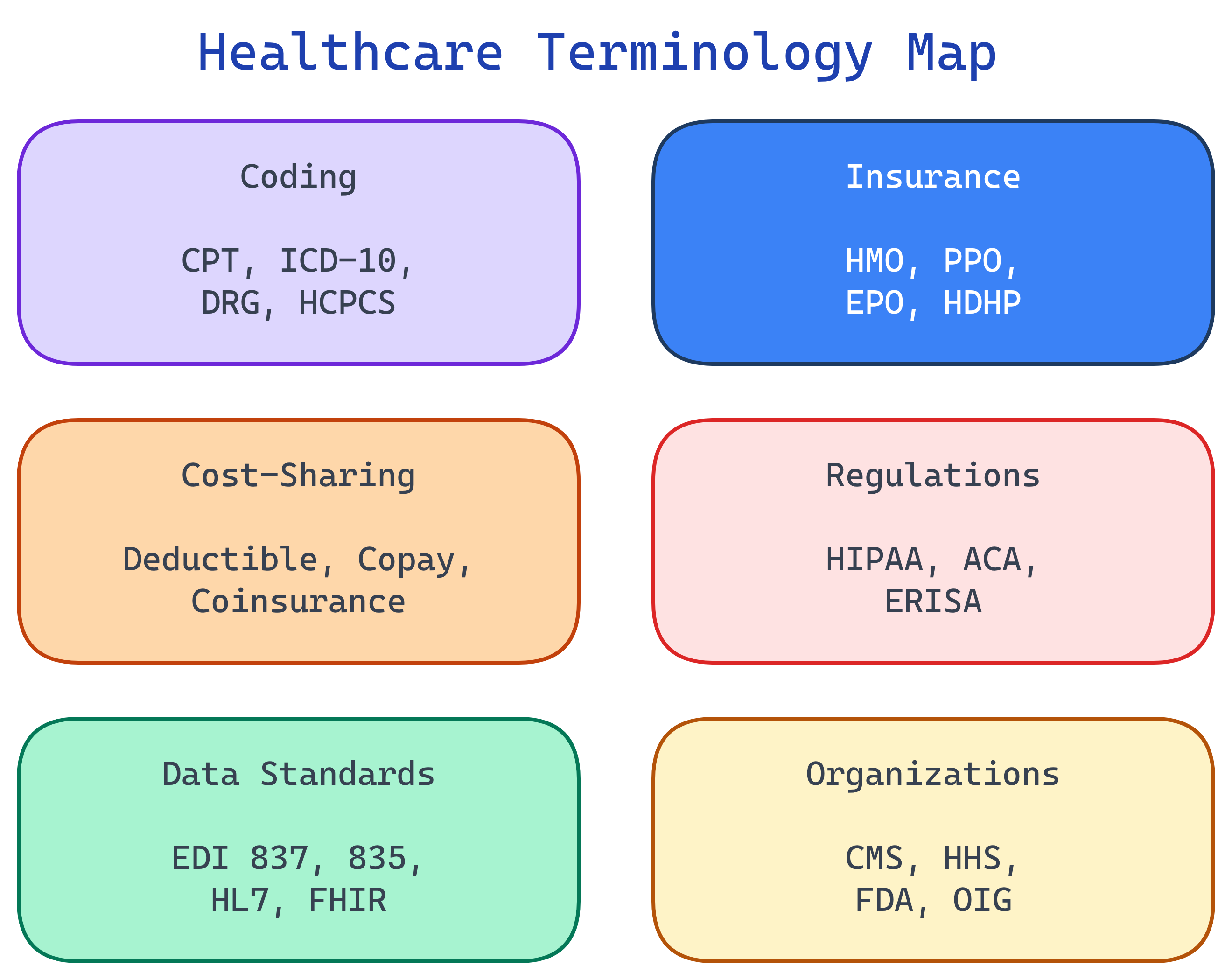 Map of healthcare terminology categories: coding systems, insurance terms, regulations, and data standards