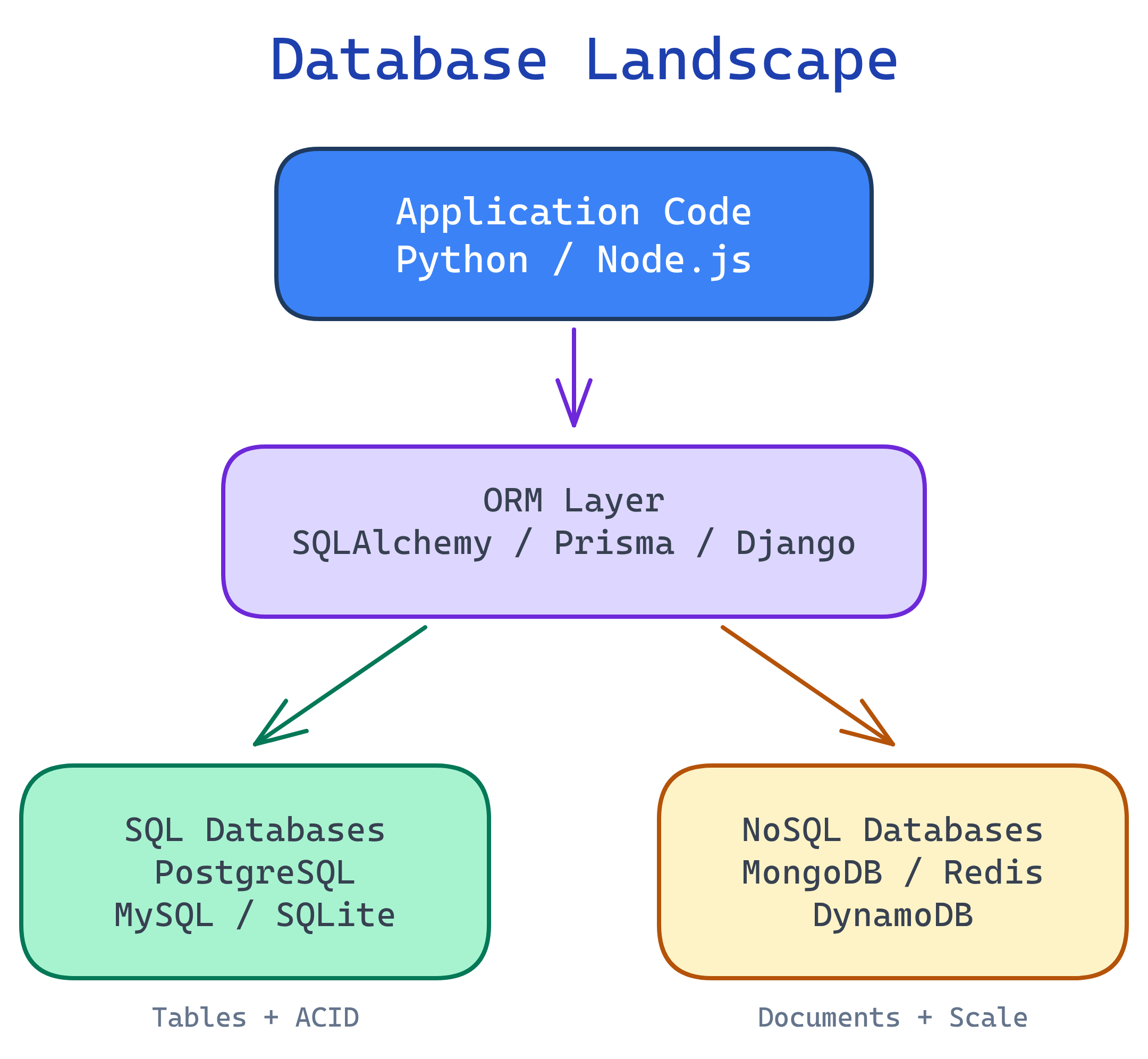 Database landscape: SQL vs NoSQL types, ORM layer, and connection pooling