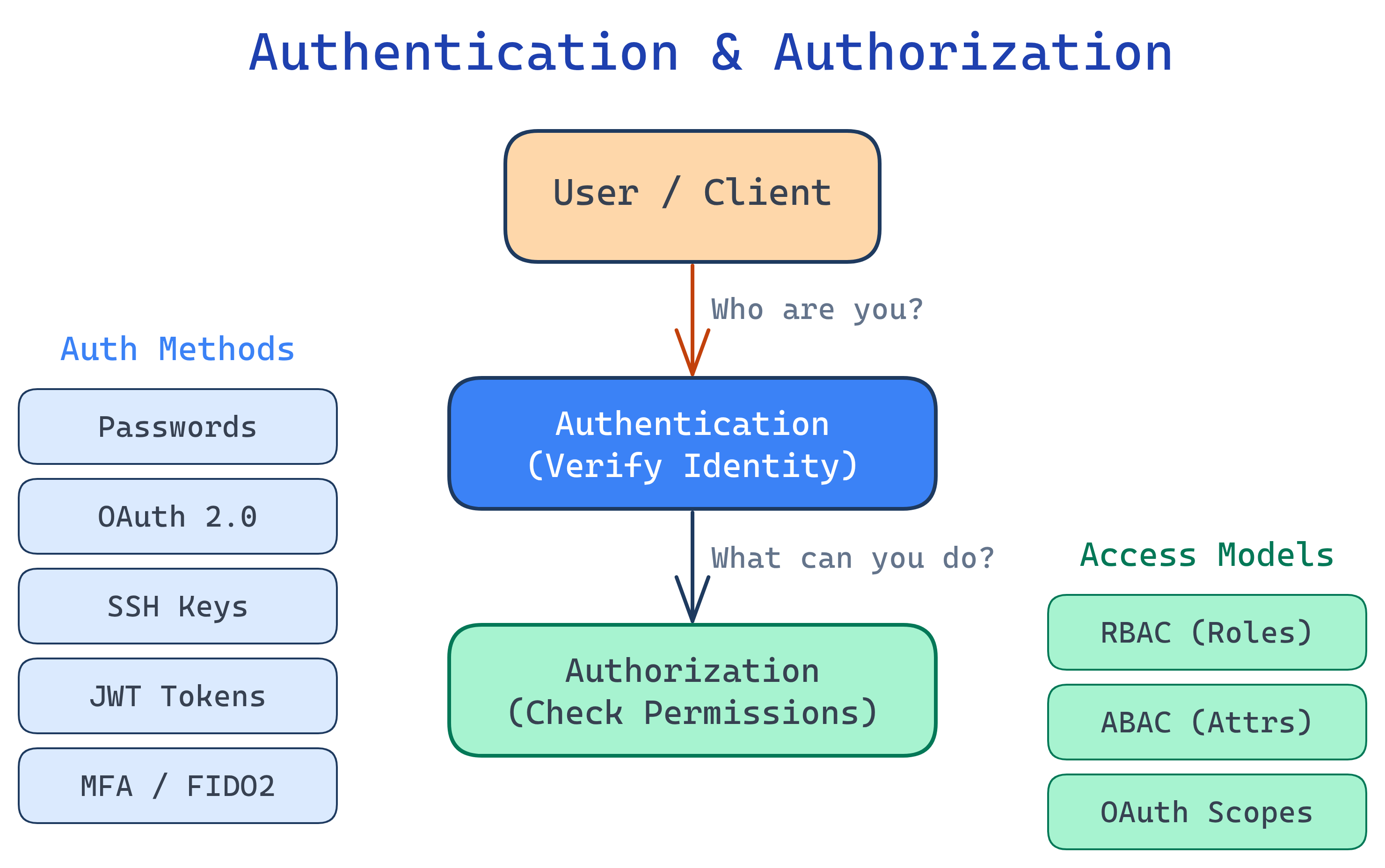 Big picture diagram showing authentication (who are you?) flowing into authorization (what can you do?) with different auth types branching out